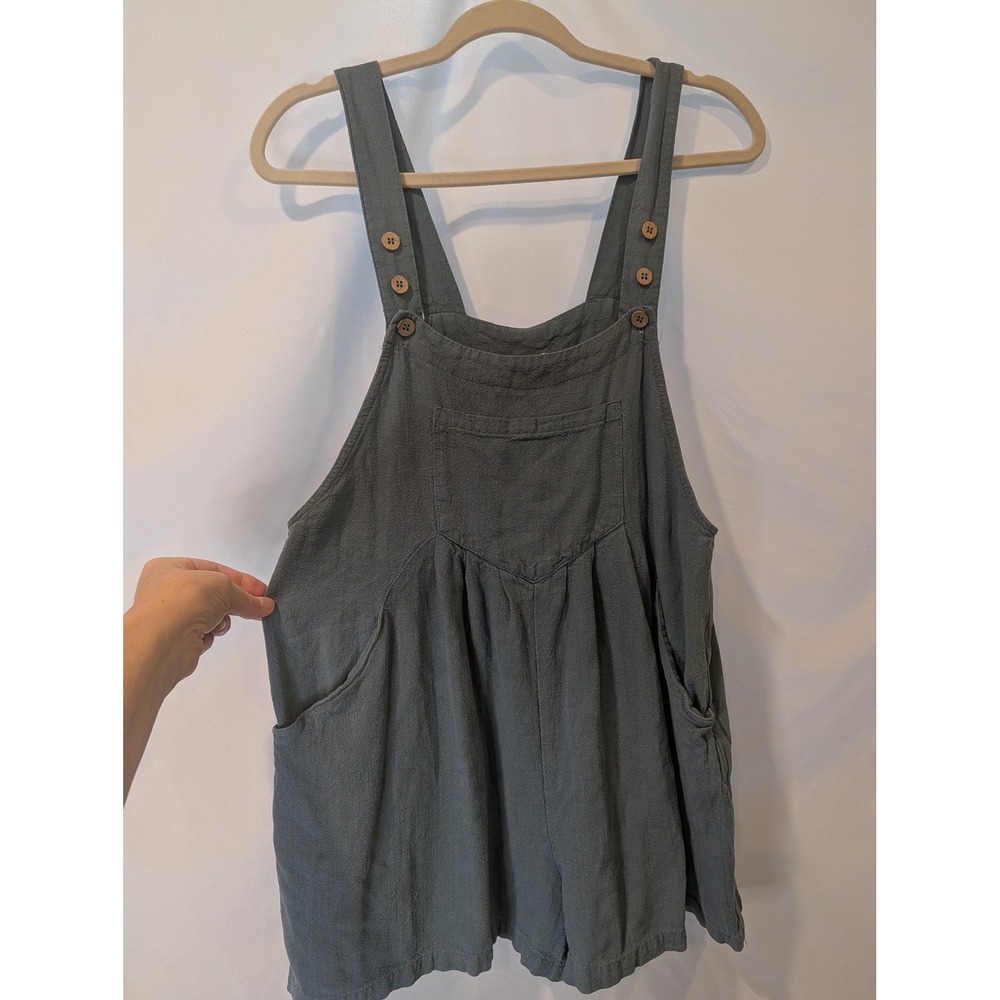 Anrabess Women Linen Blend Overall Romper Soft Teal Slouchy Pocket Jumpsuit S